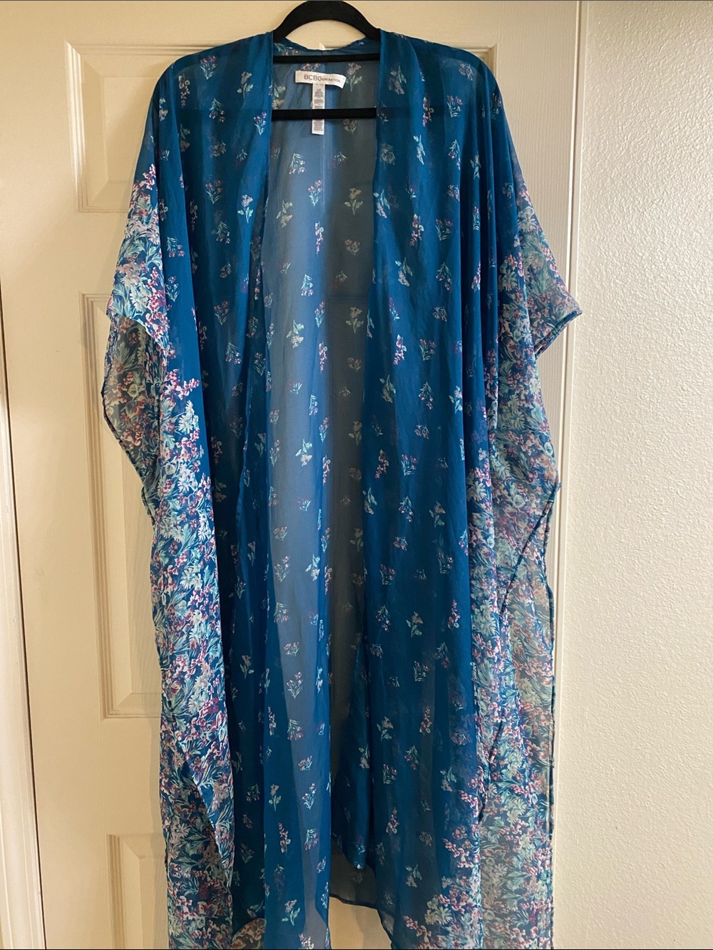 BCBGeneration Teal Blue Floral Sheer Kimono